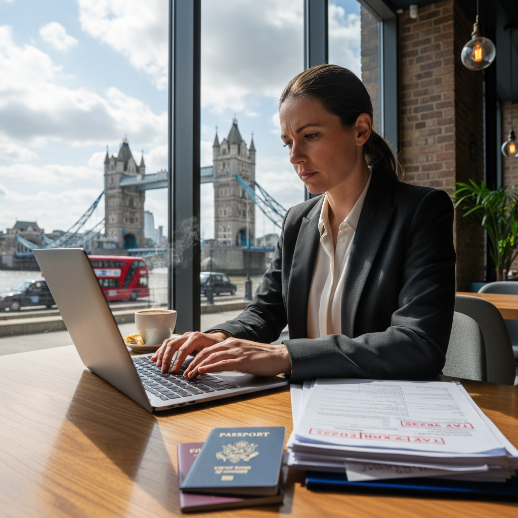 A photorealistic image of a professional person sitting in a modern London cafe with a view of Tower Bridge in the background, looking focused while working on a laptop with tax documents and both US and UK passports on the table, cinematic lighting, shallow depth of field.