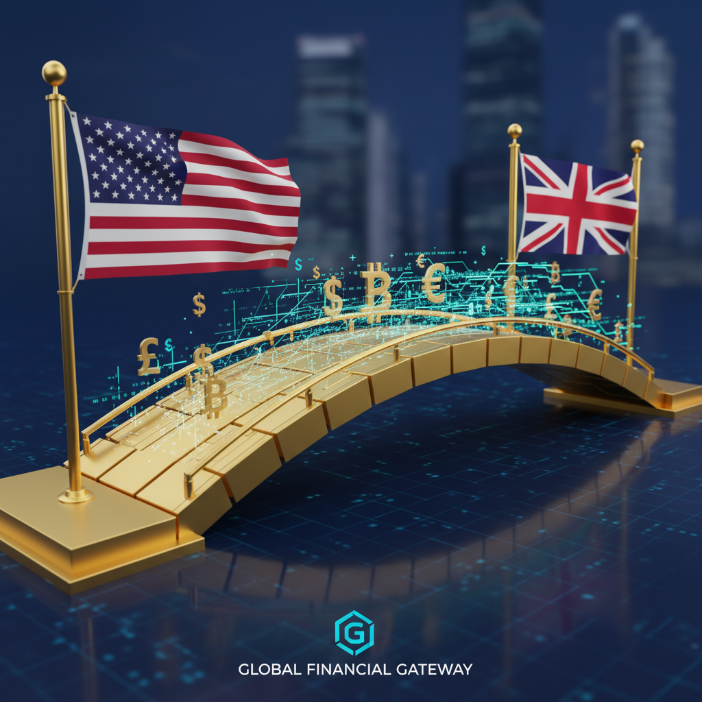 A creative high-quality 3D render of a golden bridge connecting a US flag and a UK flag, with digital data and currency symbols flowing across it, representing a secure financial connection, professional business style.