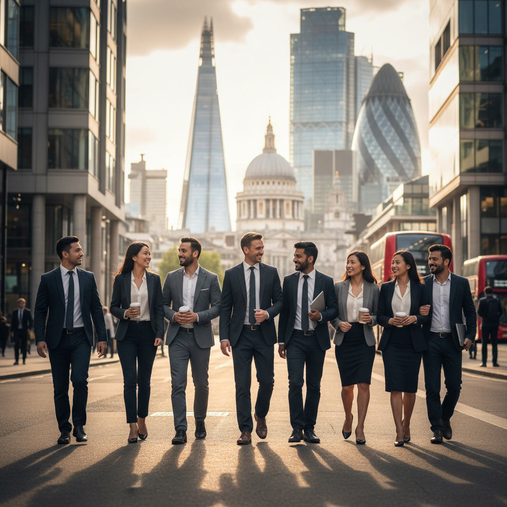 A diverse group of professional expats walking through a modern London business district, smiling and confident, with the iconic London skyline in the background, photorealistic style, soft morning sunlight.