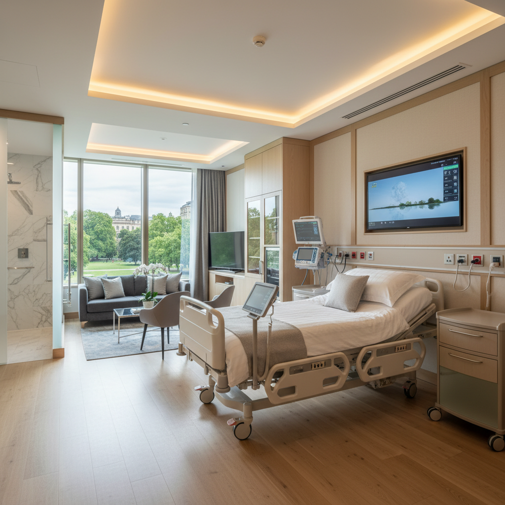 A modern, clean, and luxurious private hospital room in the UK, featuring advanced medical equipment, large windows with a view of a park, and a comfortable atmosphere, high-end photography.